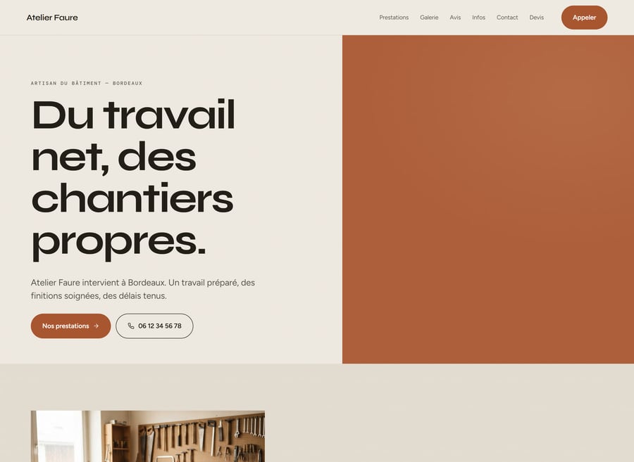 Modèle Nuancier : page d'accueil d'artisan du bâtiment, plâtre chaud et grand panneau de terre de Sienne, titre serré « Du travail net, des chantiers propres ».