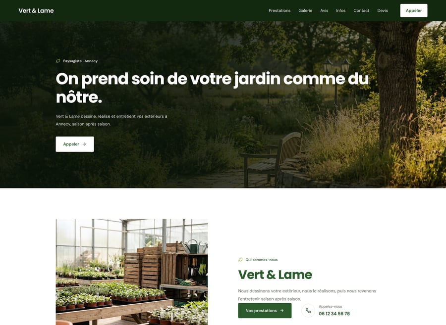 Modèle Pleine Terre : page d'accueil de paysagiste, photo de jardin en pleine largeur voilée de vert profond, titre « On prend soin de votre jardin comme du nôtre ».