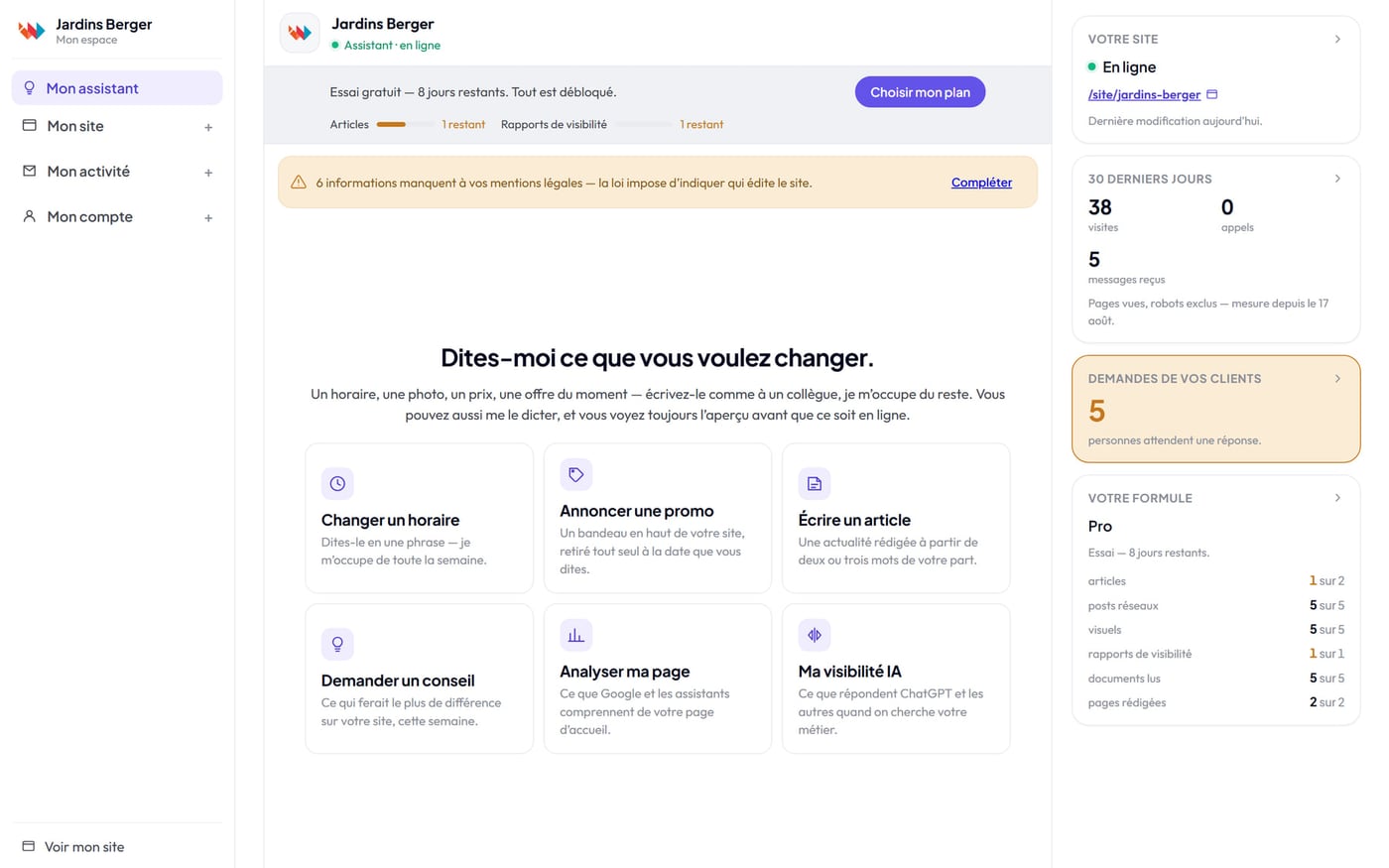 L’espace client d’InterfaceWeb : « Dites-moi ce que vous voulez changer », six raccourcis dont Changer un horaire, Annoncer une promo et Écrire un article, et une colonne de droite indiquant le site en ligne, les trente derniers jours et cinq personnes qui attendent une réponse.