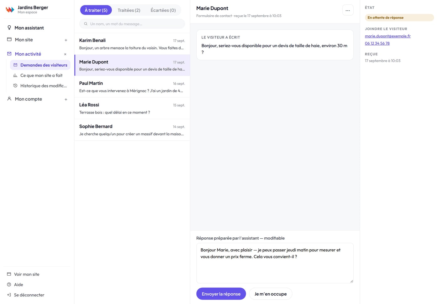 Une demande de visiteuse ouverte dans l’espace client : le message de Marie Dupont sur un devis de taille de haie, ses coordonnées, et sous le titre « Réponse préparée par l’assistant — modifiable » un texte déjà rédigé, avec les boutons « Envoyer la réponse » et « Je m’en occupe ».