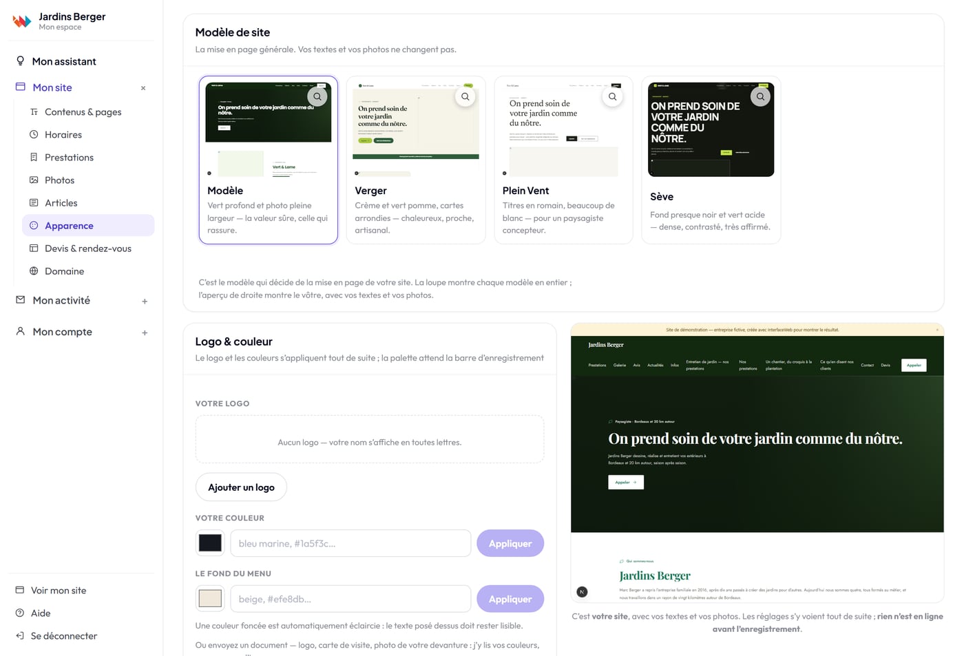 L’écran « Apparence » de l’espace client : quatre modèles de site pour paysagiste — Modèle, Verger, Plein Vent, Sève — avec leur description, un panneau logo et couleur, et l’aperçu du site à droite.