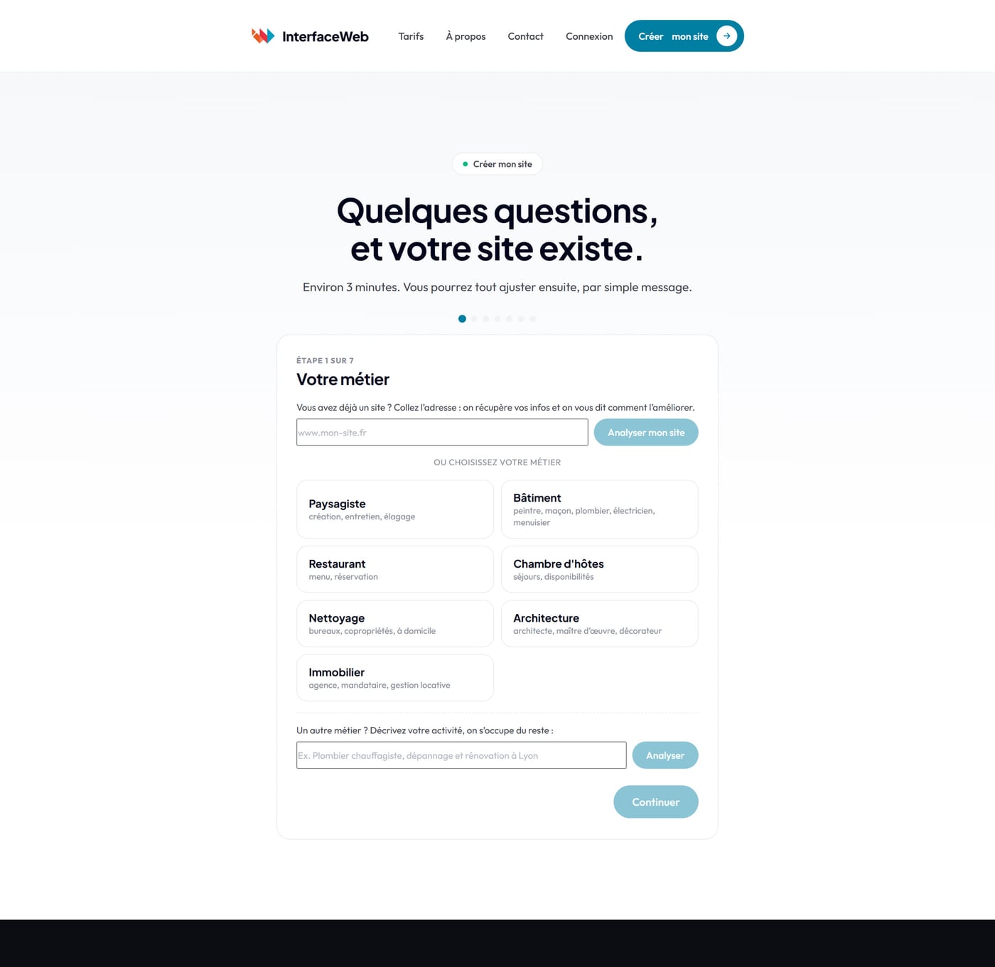 Première étape de la création : « Quelques questions, et votre site existe », un champ pour coller l’adresse d’un site existant, puis le choix du métier parmi paysagiste, bâtiment, restaurant, chambre d’hôtes, nettoyage, architecture et immobilier.